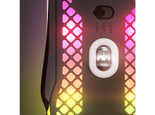 Charger l&#39;image dans la galerie, Gros plan du dessous d&#39;une souris de jeu avec des lumières colorées. Les lumières sont en forme de nid d&#39;abeilles.
