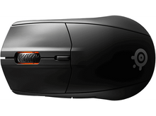 Charger l&#39;image dans la galerie, Souris sans fil noire avec molette orange. Le logo SteelSeries est visible sur le côté.

