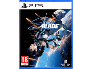 Couverture du jeu PS5, femme en combinaison spatiale, vaisseau spatial, planète et titre du jeu 'Stellar Blade'.