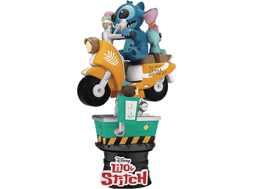 Stitch sur un scooter jaune avec de la glace et un petit alien. 'Surf Chill & Repeat' est écrit sur le scooter.