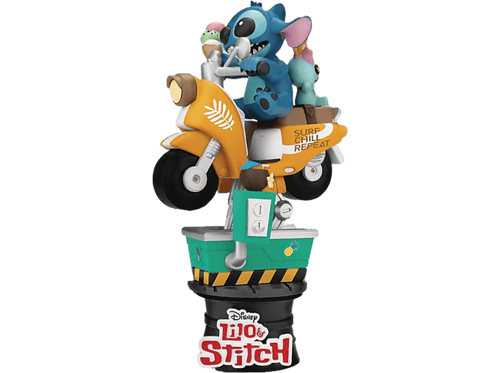 Stitch sur un scooter jaune avec de la glace et un petit alien. 'Surf Chill & Repeat' est écrit sur le scooter.