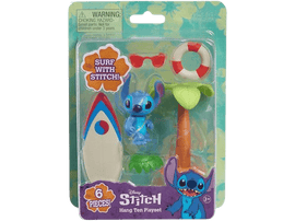 Ensemble de jouets Stitch Disney en blister. Comprend une figurine Stitch, une planche de surf et un palmier.