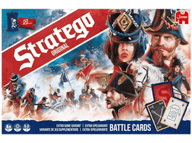 Boîte de jeu Stratego avec des soldats et des cartes. La boîte porte le titre du jeu en rouge.