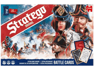 Boîte de jeu Stratego avec des soldats et des cartes. La boîte porte le titre du jeu en rouge.