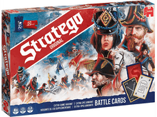 Charger l&#39;image dans la galerie, Une boîte de jeu de société nommée &#39;Stratego&#39;, avec des soldats et des scènes de bataille.
