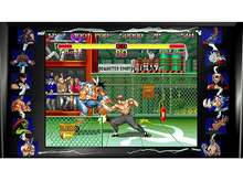 Charger l&#39;image dans la galerie, Écran de jeu de combat. Deux personnages se battent dans une arène clôturée. Personnages et barres de score affichés.
