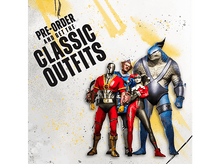 Charger l&#39;image dans la galerie, Quatre personnages de bandes dessinées DC en costume, avec le texte &quot;PRE-ORDER AND GET THE CLASSIC OUTFITS&quot;.
