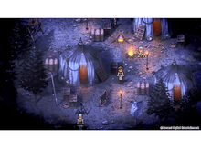 Charger l'image dans la galerie, Scène de camp pixelisée. Tentes, feu et personnages dans un cadre nocturne.
