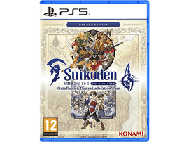 Boîte de jeu PS5 de Suikoden I & II HD Remaster. Personnages de jeu sur fond de carte.