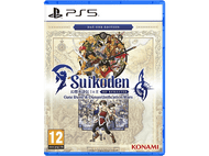Boîte de jeu PS5 de Suikoden I & II HD Remaster. Personnages de jeu sur fond de carte.