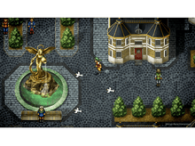 Charger l&#39;image dans la galerie, Vue aérienne d&#39;une scène de jeu pixélisée avec une fontaine, des bâtiments, des arbres et des personnages.
