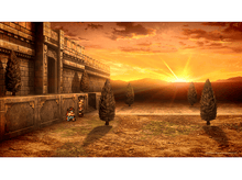 Charger l&#39;image dans la galerie, Une scène de coucher de soleil avec deux personnages debout devant un mur de pierre.
