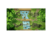 Charger l&#39;image dans la galerie, Une scène de jeu vidéo pixélisée d&#39;un personnage courant sur un pont en bois au-dessus de cascades.
