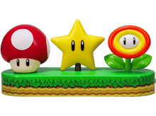 Charger l&#39;image dans la galerie, Personnages Super Mario : Champignon rouge, étoile jaune et fleur sur une plateforme verte.
