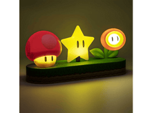 Charger l&#39;image dans la galerie, Lumières sur le thème de Mario : Champignon, Étoile et Fleur. Tous brillent sur une base verte.
