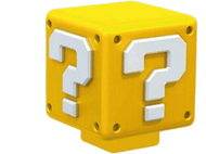 Bloc de point d'interrogation jaune de Super Mario. Deux points d'interrogation blancs sur le devant. Fond noir.