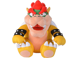 Peluche Bowser avec une crête rouge, un corps jaune et des bracelets à pointes noirs.