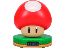 Charger l&#39;image dans la galerie, Un réveil rouge en forme de champignon avec une base verte et un affichage numérique.
