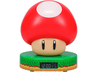 Un réveil rouge en forme de champignon avec une base verte et un affichage numérique.