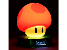 Charger l&#39;image dans la galerie, Lampe en forme de champignon avec horloge numérique. Capuchon rouge, base jaune, socle noir.
