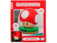 Charger l&#39;image dans la galerie, Un réveil champignon Super Mario dans une boîte rouge avec du texte et une image.
