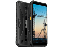 Charger l&#39;image dans la galerie, Smartphone noir robuste avec double caméra, affichant une scène de chantier, sur fond blanc.
