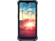 Un smartphone robuste affichant un chantier de construction avec un lever de soleil.