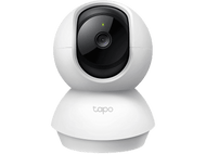 Une caméra de sécurité blanche et noire avec un design arrondi et une lumière verte sur le dessus.