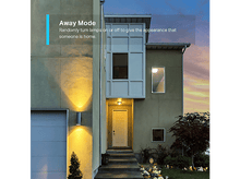 Charger l&#39;image dans la galerie, Extérieur d&#39;une maison moderne au crépuscule. Deux lumières éclairent la façade. Texte superposé : Away Mode. Petit arbre visible.
