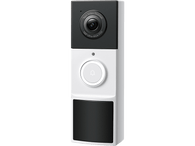 Une sonnette vidéo blanche et noire avec objectif de caméra et bouton de sonnette. Fond noir.