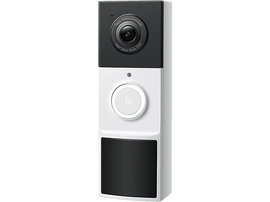 Une sonnette vidéo blanche et noire avec objectif de caméra et bouton de sonnette. Fond noir.