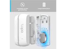 Charger l&#39;image dans la galerie, Une vue éclatée d&#39;un appareil intelligent blanc avec une batterie et des icônes.
