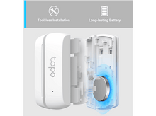 Charger l&#39;image dans la galerie, Appareil domotique blanc, démonté, montrant la batterie, l&#39;installation sans outil et les fonctionnalités.
