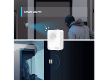 Charger l&#39;image dans la galerie, Publicité pour un système d&#39;alarme intelligent. Montre une caméra et un détecteur de porte détectant un intrus potentiel.
