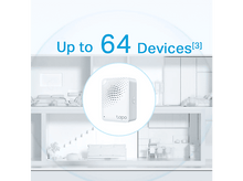 Charger l&#39;image dans la galerie, Graphique d&#39;un appareil Tapo blanc à l&#39;intérieur d&#39;un plan de maison, avec texte &#39;Jusqu&#39;à 64 appareils&#39;.
