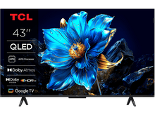 Charger l&#39;image dans la galerie, Un écran de télévision avec une fleur bleue, avec les logos TCL, QLED et Google TV.
