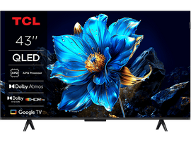 Un écran de télévision avec une fleur bleue, avec les logos TCL, QLED et Google TV.