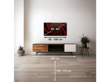 Charger l&#39;image dans la galerie, Téléviseur sur un meuble en bois, dimensions et une plante sont indiquées.
