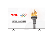 Charger l&#39;image dans la galerie, TV TCL affiche logo olympique et torche, texte: Inspire Greatness. Cadre noir avec pieds.
