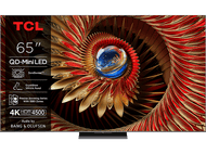 Un grand téléviseur TCL à écran plat, affichant une image abstraite colorée, avec des logos et du texte.