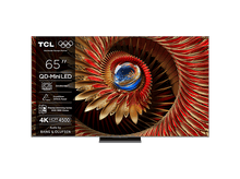 Charger l&#39;image dans la galerie, TV TCL de 65 pouces. L&#39;écran affiche un design abstrait coloré avec des informations sur le produit.
