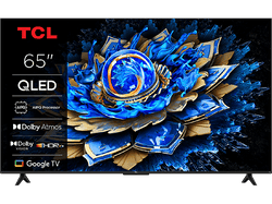 Un téléviseur TCL QLED de 65 pouces, présentant un affichage floral coloré, un cadre noir et un pied.