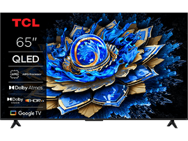 Un téléviseur TCL QLED de 65 pouces, présentant un affichage floral coloré, un cadre noir et un pied.