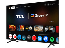 Charger l&#39;image dans la galerie, TCL Google TV affichant un menu principal avec des icônes de contenu et une sélection de films et d&#39;émissions.
