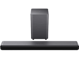 Un ensemble barre de son et caisson de basses noir. La barre de son est longue et rectangulaire.