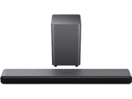 Un ensemble barre de son et caisson de basses noir. La barre de son est longue et rectangulaire.