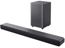 Charger l&#39;image dans la galerie, Un ensemble barre de son et caisson de basses noirs isolé sur fond blanc.
