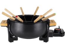 Charger l&#39;image dans la galerie, Ensemble à fondue noir avec poignées en bois et un cadran de température. Plusieurs fourchettes sont visibles.
