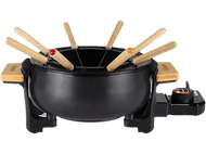 Ensemble à fondue noir avec poignées en bois et un cadran de température. Plusieurs fourchettes sont visibles.