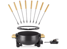 Charger l&#39;image dans la galerie, Ensemble à fondue avec une marmite noire, des manches en bois, des fourchettes colorées et un cadran de commande.
